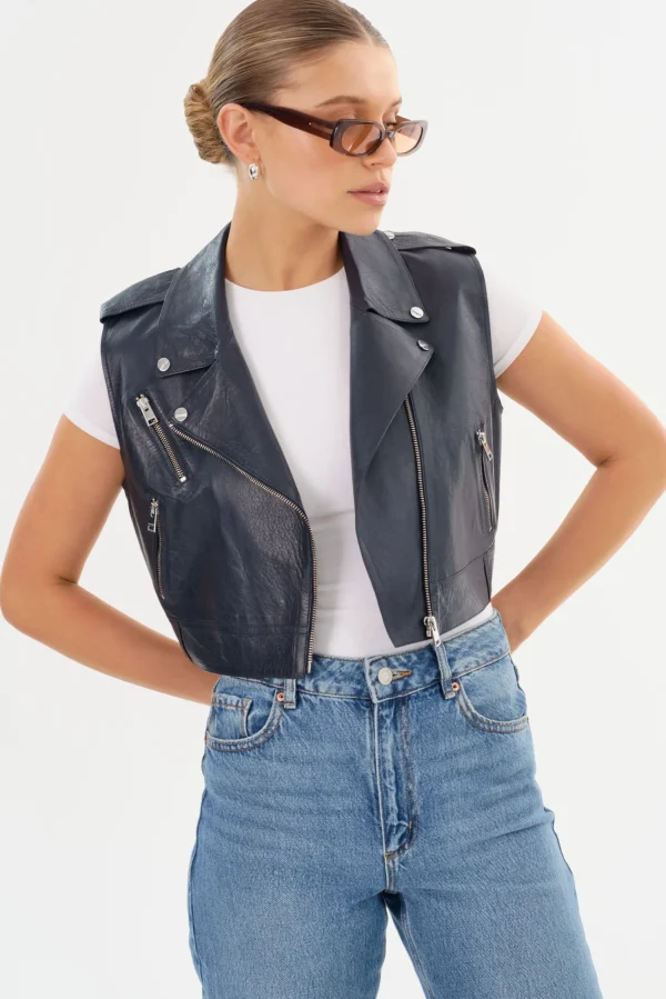 LAMARQUE Leather Jackets | AMALIA | Leather Biker Vest Navy