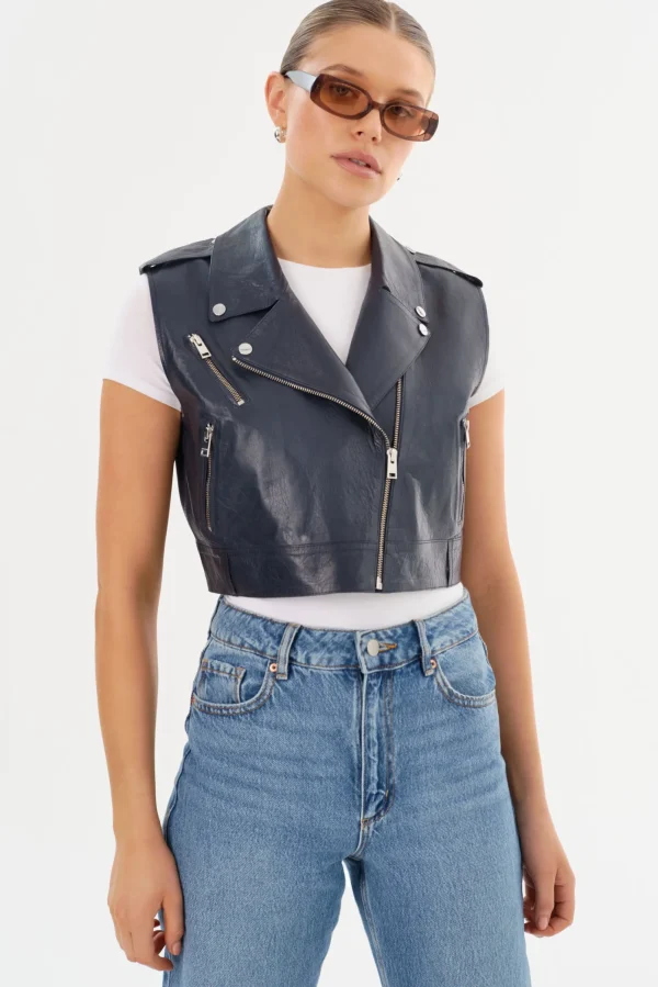 LAMARQUE Leather Jackets | AMALIA | Leather Biker Vest Navy