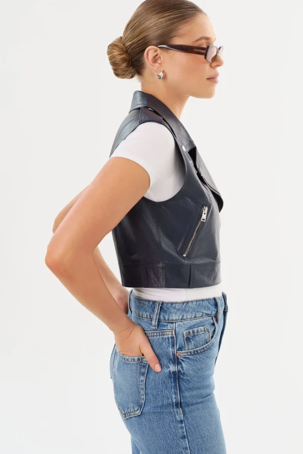 LAMARQUE Leather Jackets | AMALIA | Leather Biker Vest Navy