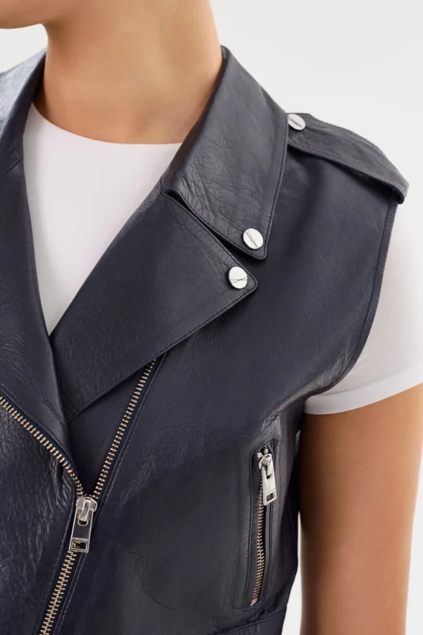 LAMARQUE Leather Jackets | AMALIA | Leather Biker Vest Navy