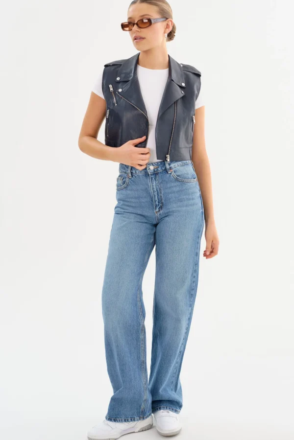 LAMARQUE Leather Jackets | AMALIA | Leather Biker Vest Navy