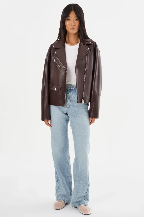 LAMARQUE Leather Jackets | ANDRADE | Recycled Leather Biker Jacket Mahogany