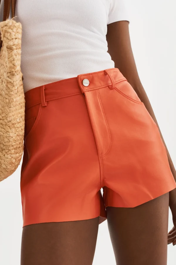 LAMARQUE Pants&Shorts | ANIKA | Leather High-Waisted Shorts Spicy Orange