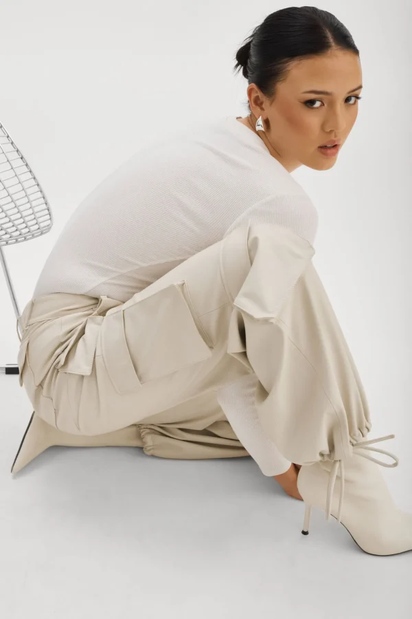 LAMARQUE Pants&Shorts | BOBBI | Faux Leather Cargo Pants Bone
