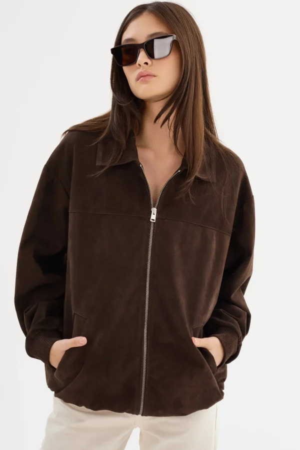 LAMARQUE Coats&Jackets | Leather Jackets | CADEN | Oversized Suede Bomber Jacket Chocolate