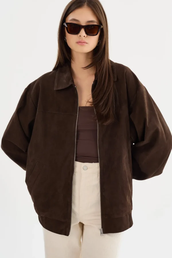 LAMARQUE Coats&Jackets | Leather Jackets | CADEN | Oversized Suede Bomber Jacket Chocolate