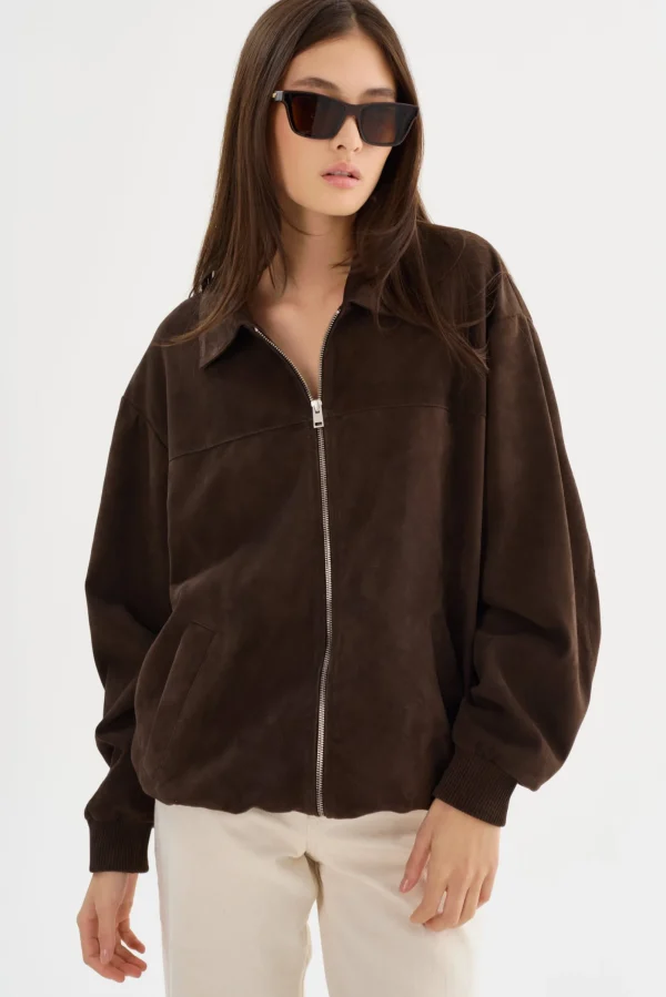 LAMARQUE Coats&Jackets | Leather Jackets | CADEN | Oversized Suede Bomber Jacket Chocolate