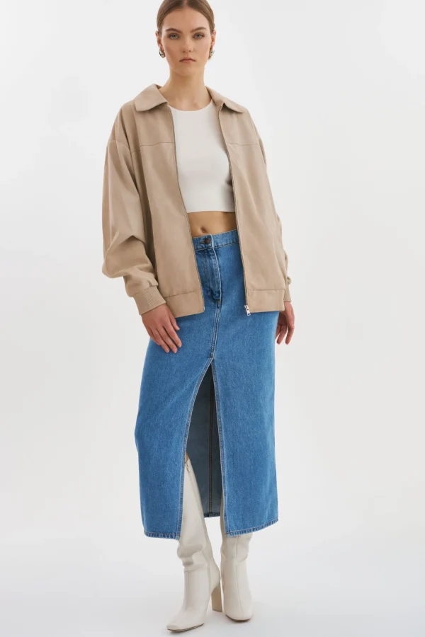 LAMARQUE Leather Jackets | CADEN | Oversized Suede Bomber Jacket Sand