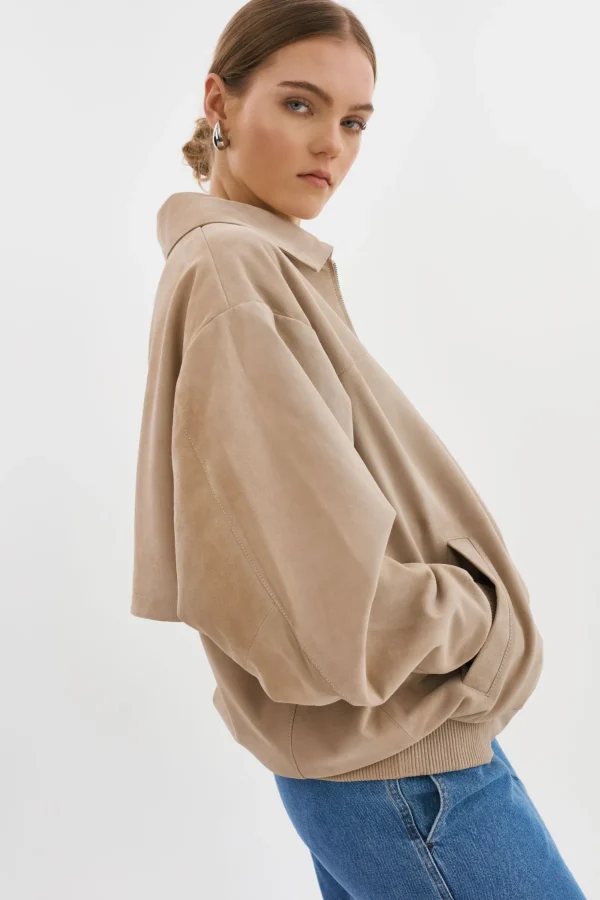 LAMARQUE Leather Jackets | CADEN | Oversized Suede Bomber Jacket Sand