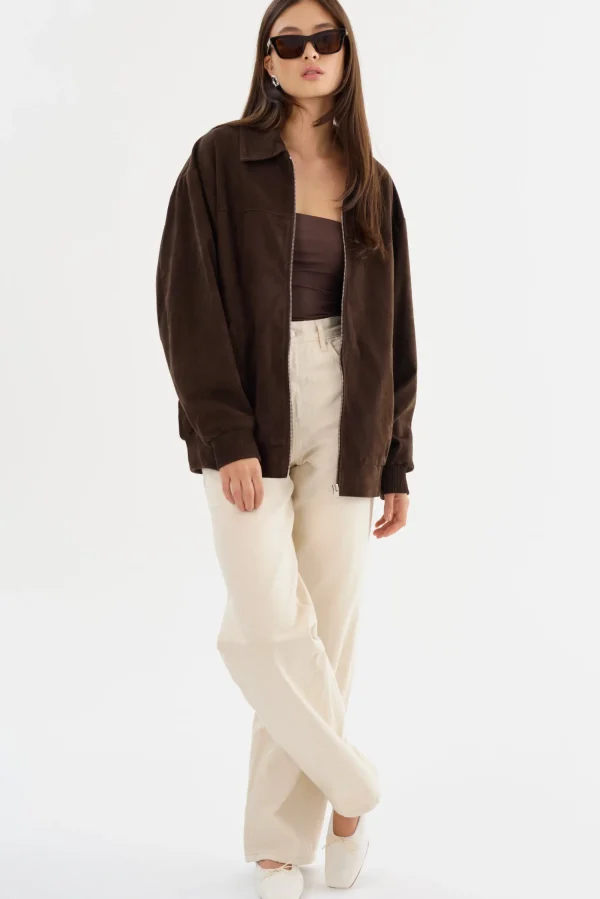 LAMARQUE Coats&Jackets | Leather Jackets | CADEN | Oversized Suede Bomber Jacket Chocolate