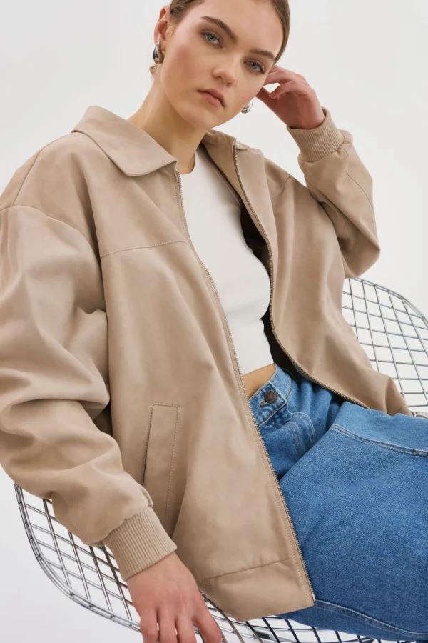 LAMARQUE Leather Jackets | CADEN | Oversized Suede Bomber Jacket Sand