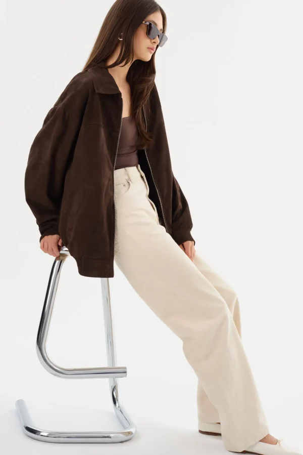 LAMARQUE Coats&Jackets | Leather Jackets | CADEN | Oversized Suede Bomber Jacket Chocolate