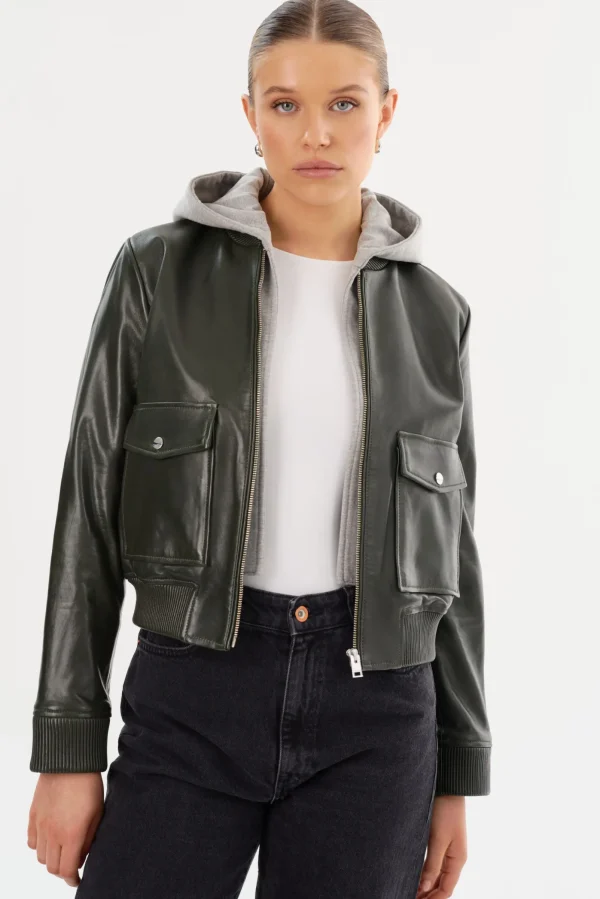 LAMARQUE Leather Jackets | CANDACE | Leather Bomber Jacket Dark Olive/Heather Grey
