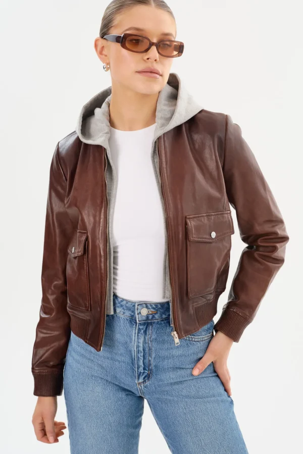 LAMARQUE Leather Jackets | CANDACE | Leather Bomber Jacket Chocolate Brown/Heather Grey
