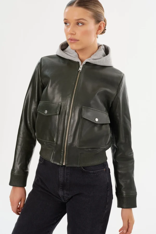 LAMARQUE Leather Jackets | CANDACE | Leather Bomber Jacket Dark Olive/Heather Grey