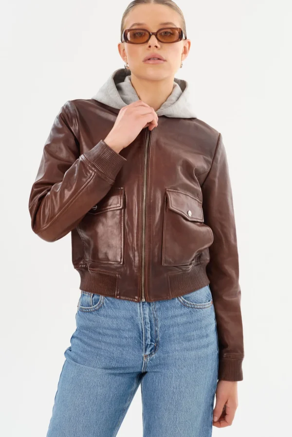 LAMARQUE Leather Jackets | CANDACE | Leather Bomber Jacket Chocolate Brown/Heather Grey