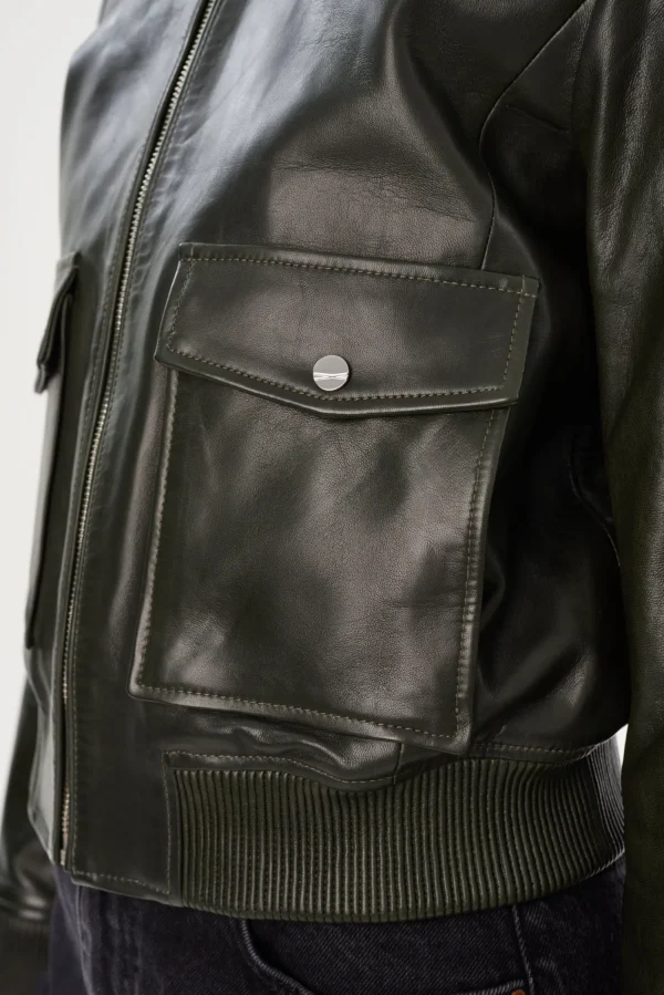 LAMARQUE Leather Jackets | CANDACE | Leather Bomber Jacket Dark Olive/Heather Grey