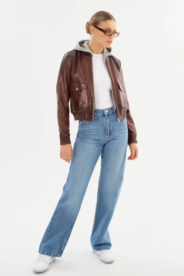 LAMARQUE Leather Jackets | CANDACE | Leather Bomber Jacket Chocolate Brown/Heather Grey