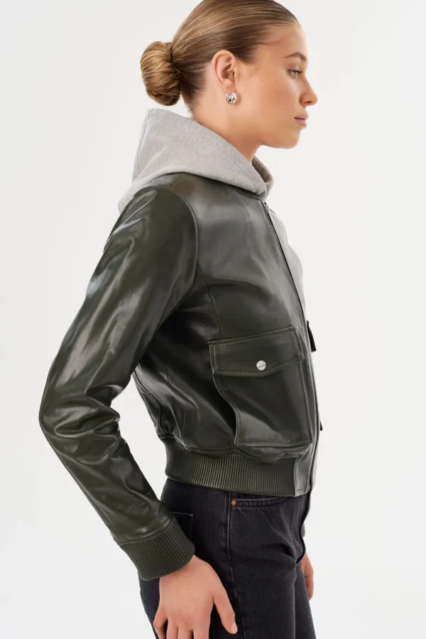 LAMARQUE Leather Jackets | CANDACE | Leather Bomber Jacket Dark Olive/Heather Grey