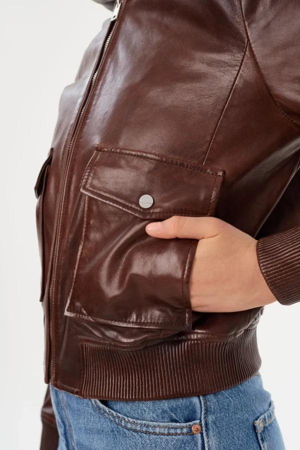 LAMARQUE Leather Jackets | CANDACE | Leather Bomber Jacket Chocolate Brown/Heather Grey