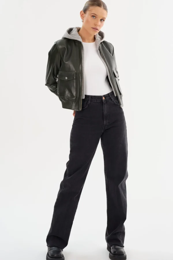 LAMARQUE Leather Jackets | CANDACE | Leather Bomber Jacket Dark Olive/Heather Grey