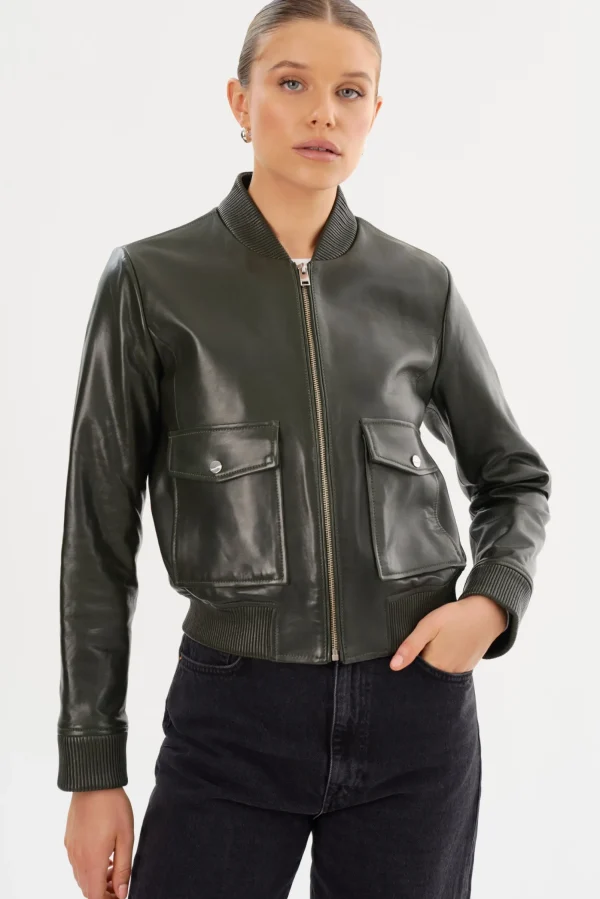 LAMARQUE Leather Jackets | CANDACE | Leather Bomber Jacket Dark Olive/Heather Grey