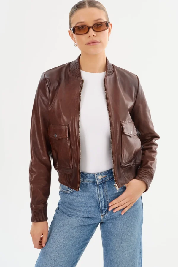 LAMARQUE Leather Jackets | CANDACE | Leather Bomber Jacket Chocolate Brown/Heather Grey