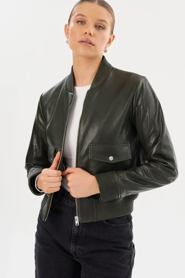 LAMARQUE Leather Jackets | CANDACE | Leather Bomber Jacket Dark Olive/Heather Grey