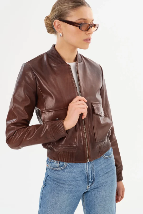 LAMARQUE Leather Jackets | CANDACE | Leather Bomber Jacket Chocolate Brown/Heather Grey
