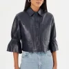 LAMARQUE Leather Jackets | CAROLINA | Leather Ruffle Sleeve Jacket Navy