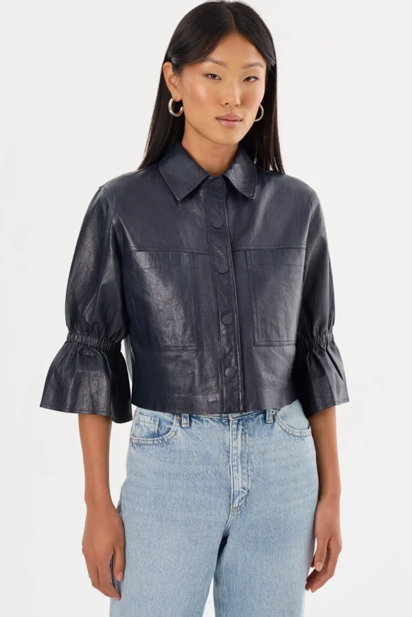 LAMARQUE Leather Jackets | CAROLINA | Leather Ruffle Sleeve Jacket Navy