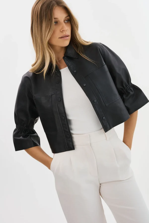 LAMARQUE Leather Jackets | CAROLINA | Leather Ruffle Sleeve Jacket Black