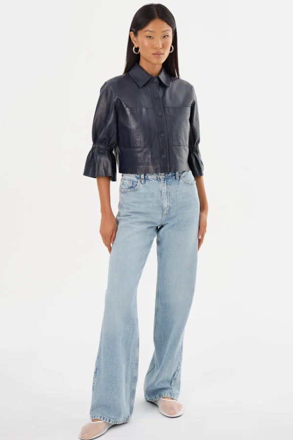 LAMARQUE Leather Jackets | CAROLINA | Leather Ruffle Sleeve Jacket Navy