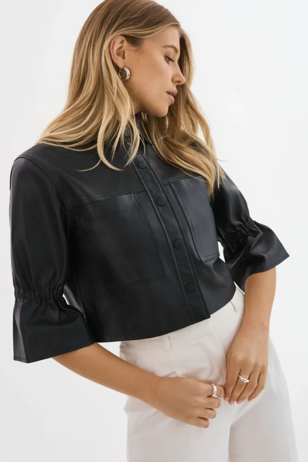 LAMARQUE Leather Jackets | CAROLINA | Leather Ruffle Sleeve Jacket Black