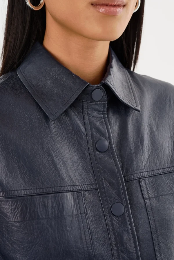 LAMARQUE Leather Jackets | CAROLINA | Leather Ruffle Sleeve Jacket Navy