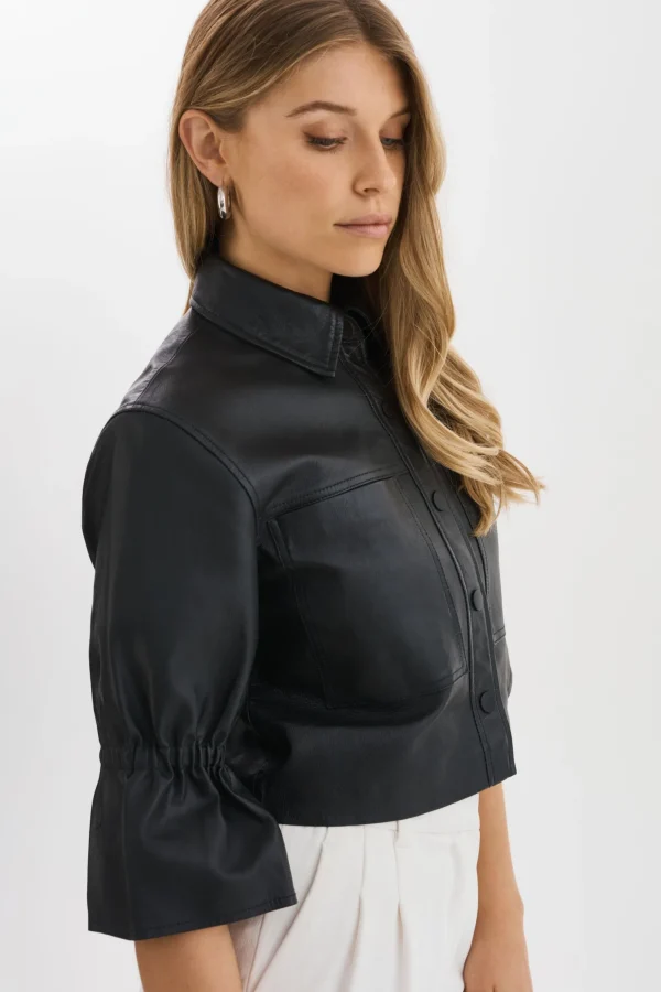 LAMARQUE Leather Jackets | CAROLINA | Leather Ruffle Sleeve Jacket Black