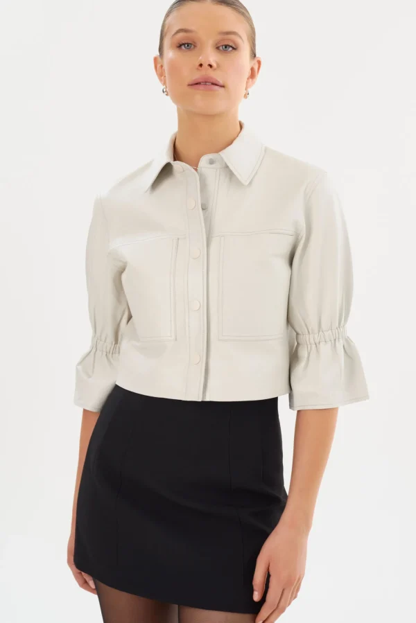 LAMARQUE Leather Jackets | CAROLINA | Leather Ruffle Sleeve Jacket Winter White