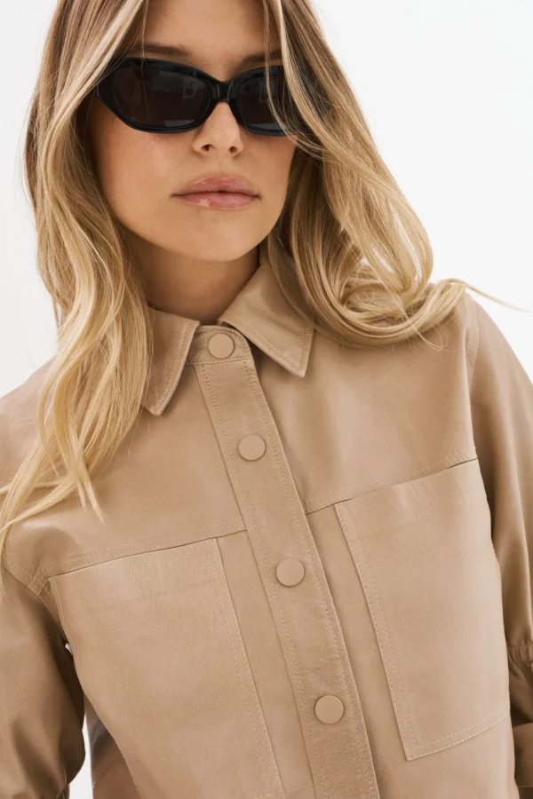 LAMARQUE Leather Jackets | CAROLINA | Leather Ruffle Sleeve Jacket Beige