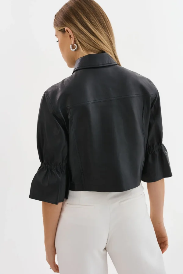 LAMARQUE Leather Jackets | CAROLINA | Leather Ruffle Sleeve Jacket Black
