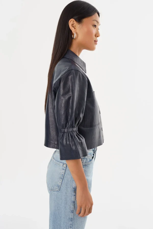 LAMARQUE Leather Jackets | CAROLINA | Leather Ruffle Sleeve Jacket Navy