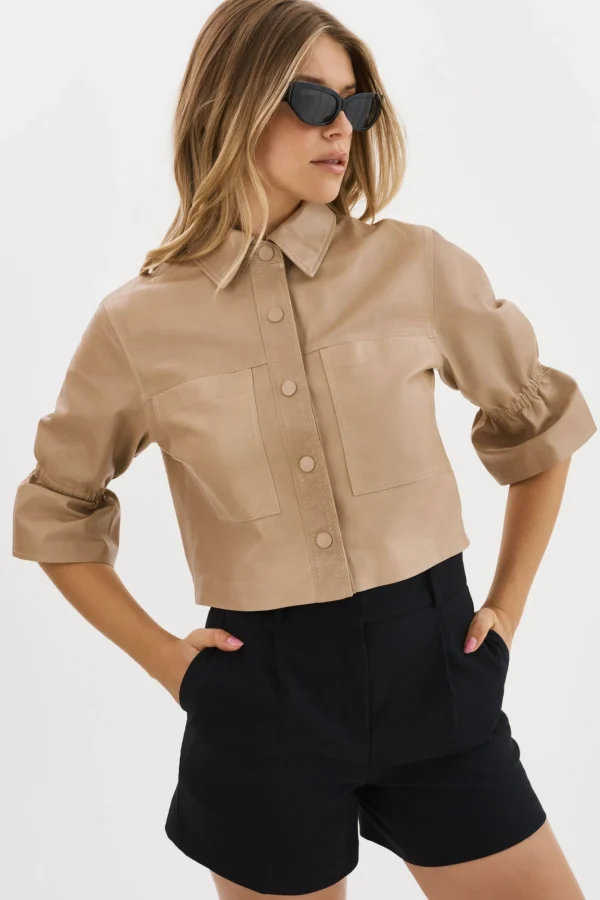 LAMARQUE Leather Jackets | CAROLINA | Leather Ruffle Sleeve Jacket Beige