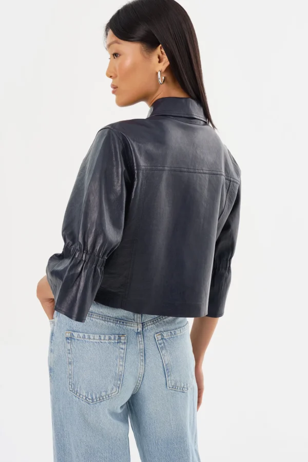 LAMARQUE Leather Jackets | CAROLINA | Leather Ruffle Sleeve Jacket Navy