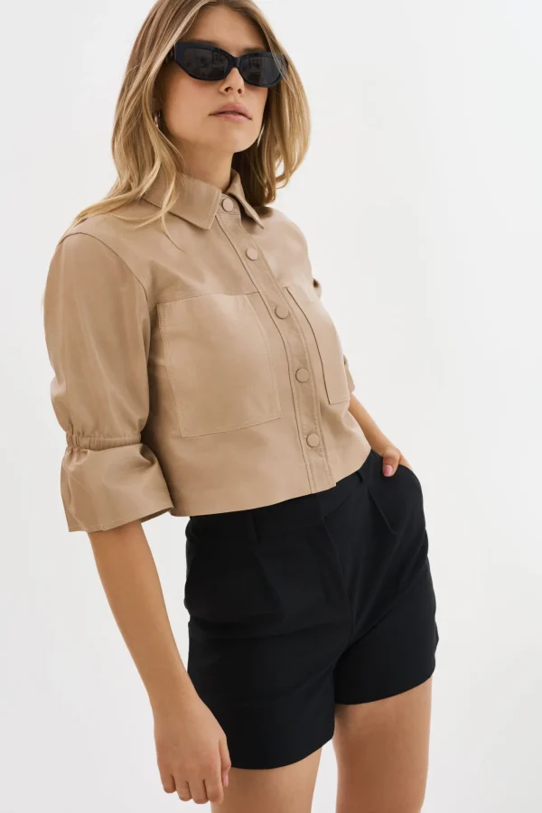 LAMARQUE Leather Jackets | CAROLINA | Leather Ruffle Sleeve Jacket Beige