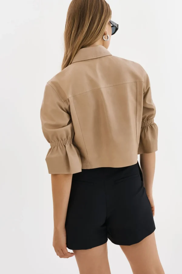 LAMARQUE Leather Jackets | CAROLINA | Leather Ruffle Sleeve Jacket Beige