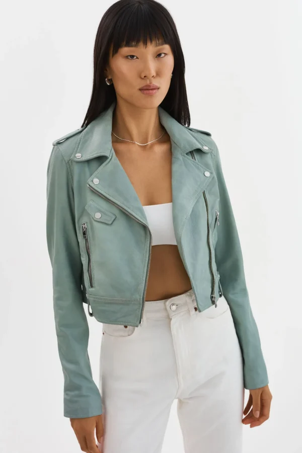 LAMARQUE Leather Jackets | CIARA | Cropped Leather Biker Jacket Eucalyptus
