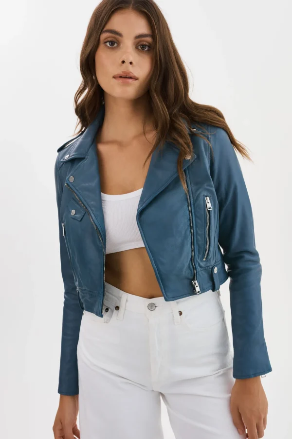 LAMARQUE Leather Jackets | CIARA | Cropped Leather Biker Jacket Slate Blue