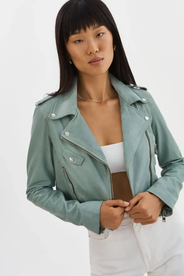 LAMARQUE Leather Jackets | CIARA | Cropped Leather Biker Jacket Eucalyptus
