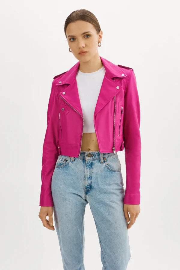 LAMARQUE Leather Jackets | CIARA | Cropped Leather Biker Jacket Fuchsia