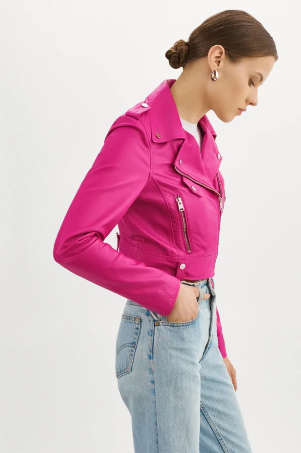 LAMARQUE Leather Jackets | CIARA | Cropped Leather Biker Jacket Fuchsia