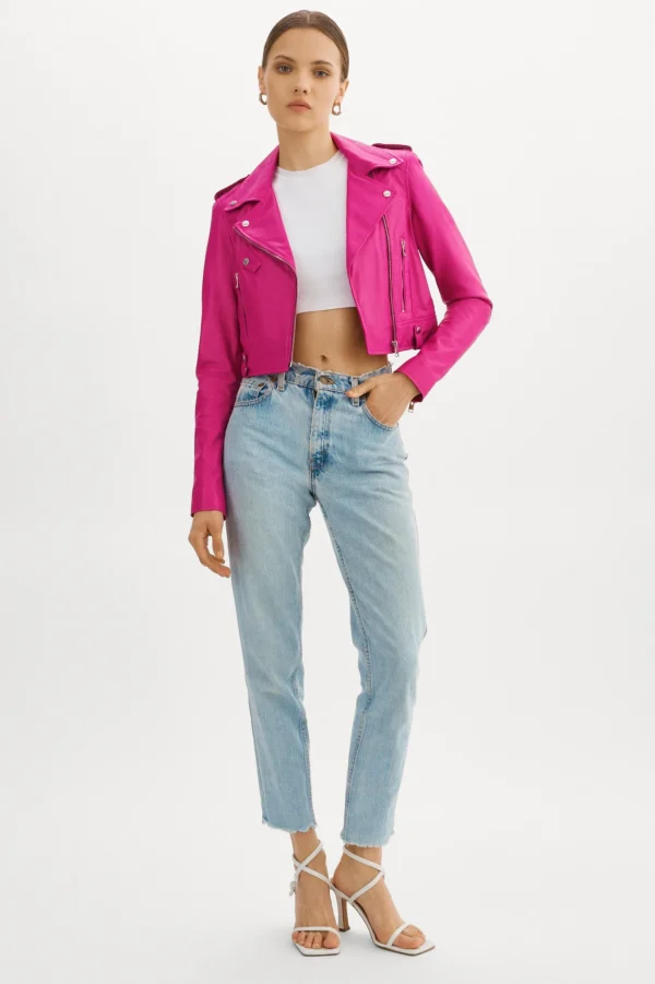 LAMARQUE Leather Jackets | CIARA | Cropped Leather Biker Jacket Fuchsia